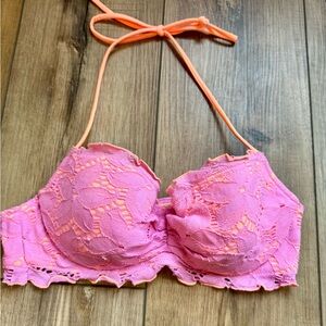 Victoria’s Secret Pink/Coral Lace Overlay Bikini Top | Halter | EUC | 34B